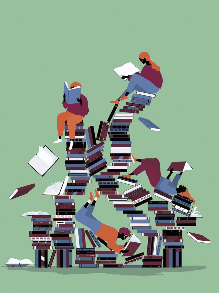 Eine Illustration zeigt einen Bücherstapel, auf denen Menschen sitzen und lesen. 