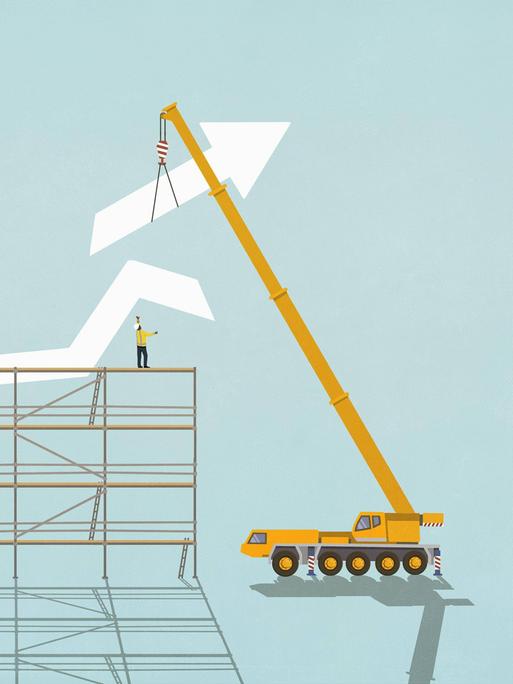 Grafik: Arbeiter auf einem Gerüst mit Kran von dem Hintergrund eines aufsteigenden Diagrampfeils