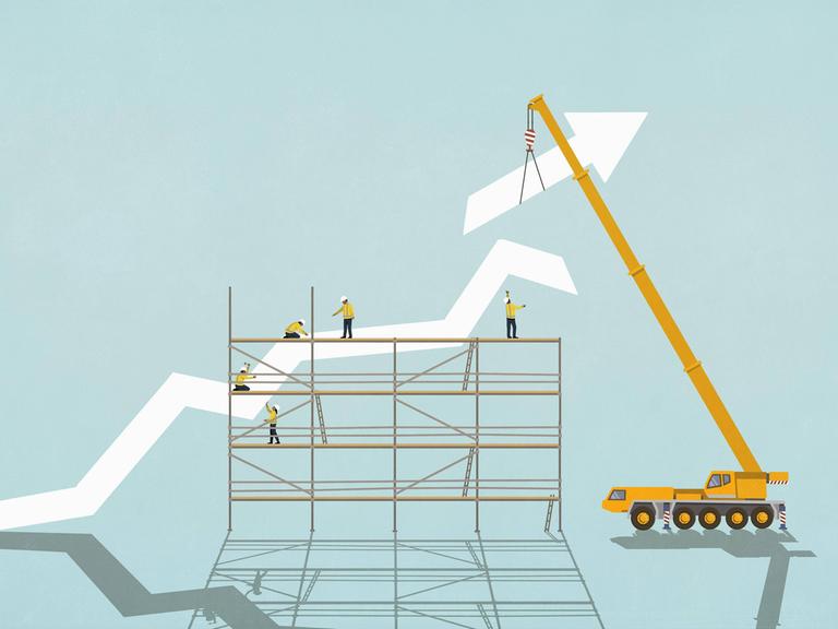 Grafik: Arbeiter auf einem Gerüst mit Kran von dem Hintergrund eines aufsteigenden Diagrampfeils