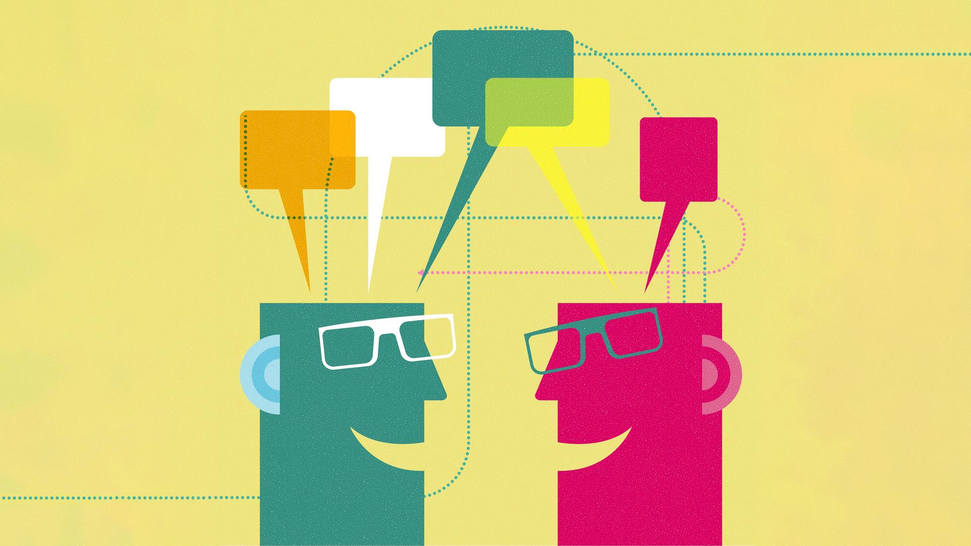 Illustration zweier Gesichter (grün und pink) mit Brille vor gelbem Hintergrund. Aus den Köpfen kommen Sprechblasen in unterschiedlichen Farben (gelb, weiß, orange, grün und pink) und gepunktete Linien in grün. Illustration zweier Gesichter (grün und pink) mit Brille vor gelbem Hintergrund. Aus den Köpfen kommen Sprechblasen in unterschiedlichen Farben (gelb, weiß, orange, grün und pink) und gepunktete Linien in grün.