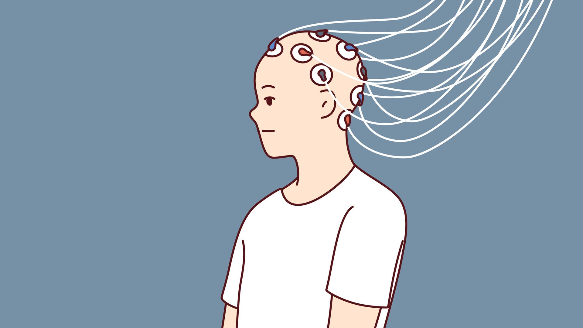 Eine grafisches Bild zeigt einen Menschen mit Elektroden am Kopf.