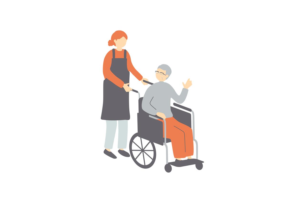 Illustration einer Person im Rollstuhl, die von einer weiteren geschoben wird. Illustration einer Person im Rollstuhl, die von einer weiteren geschoben wird.
