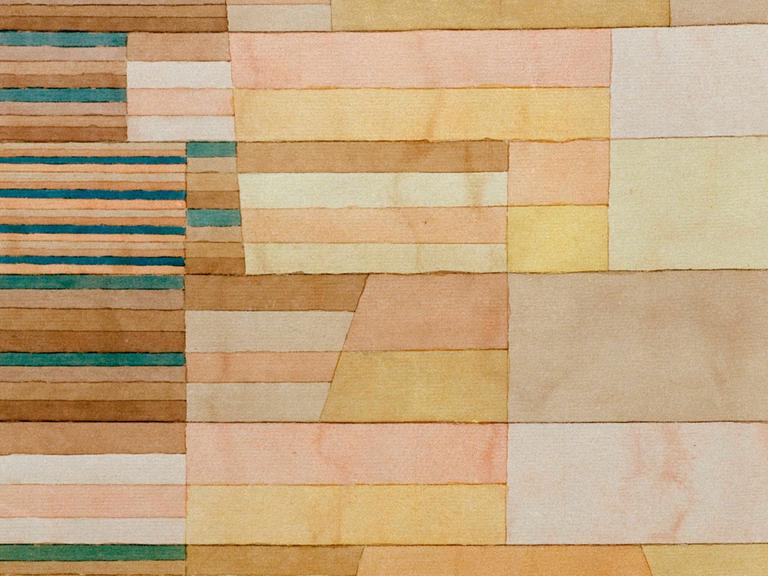 Ausschnitt aus dem Bild "Monument an der Grenze des Fruchtlandes" von Paul Klee, bei dem der Künstler hauptsächlich mit okkerfarbenen Streifen gearbeitet hat.