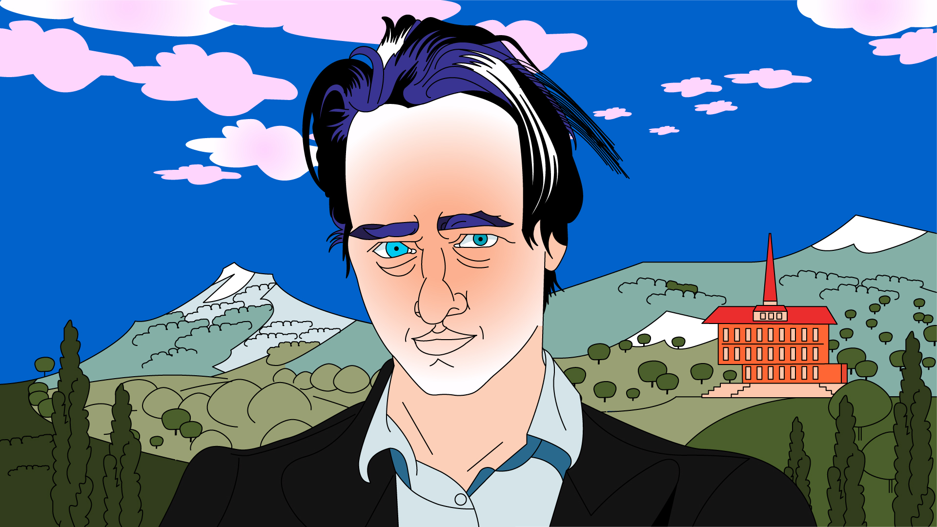 Illustration eines Mannes mit dunklen Haaren vor Berglandschaft, rotem Gebäude und blauem Himmel