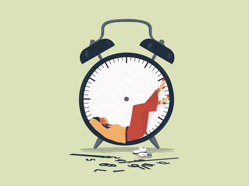 Illustration: Frau entspannt sich in einer Uhr ohne Zeiger.