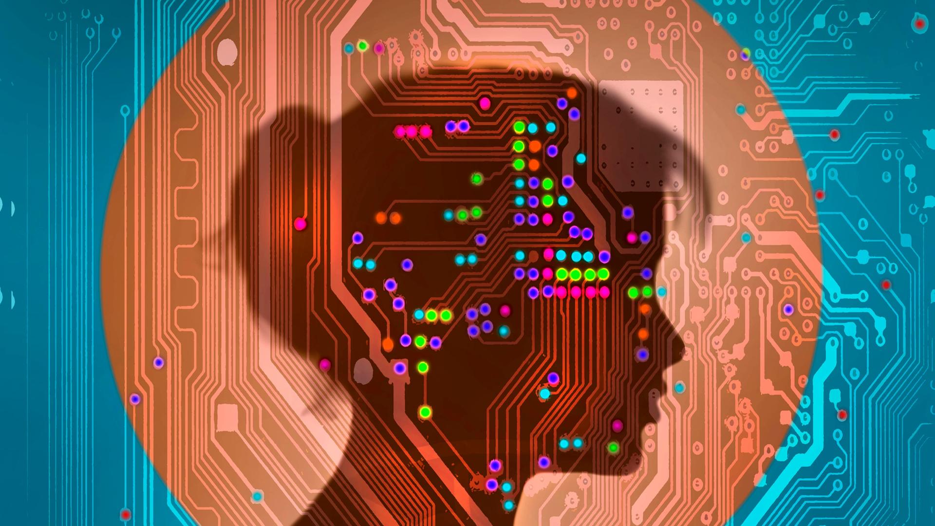 Illustration einer Frau über einer elektronischen Leiterplatte